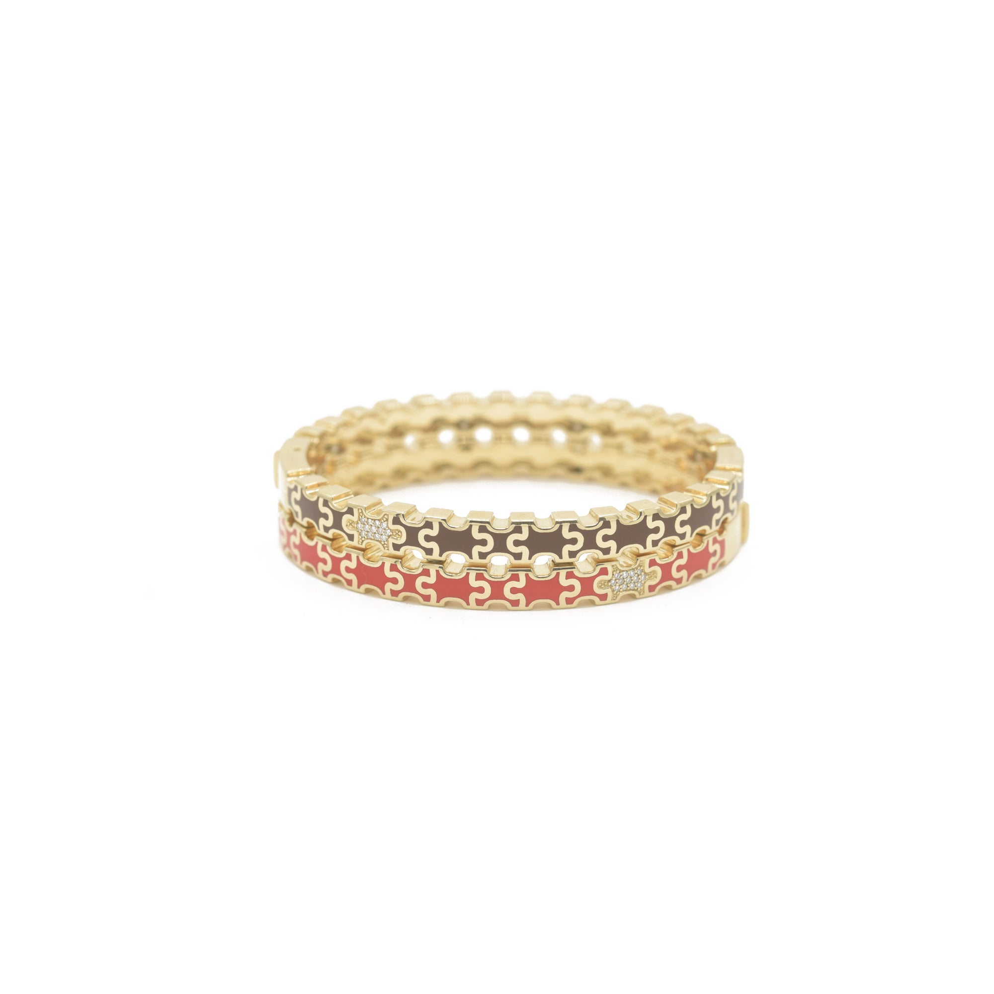 Linked in Love Brown & Red Bracelet Gold bracelet with puzzle red and brown pattern Bondeye Jewelry