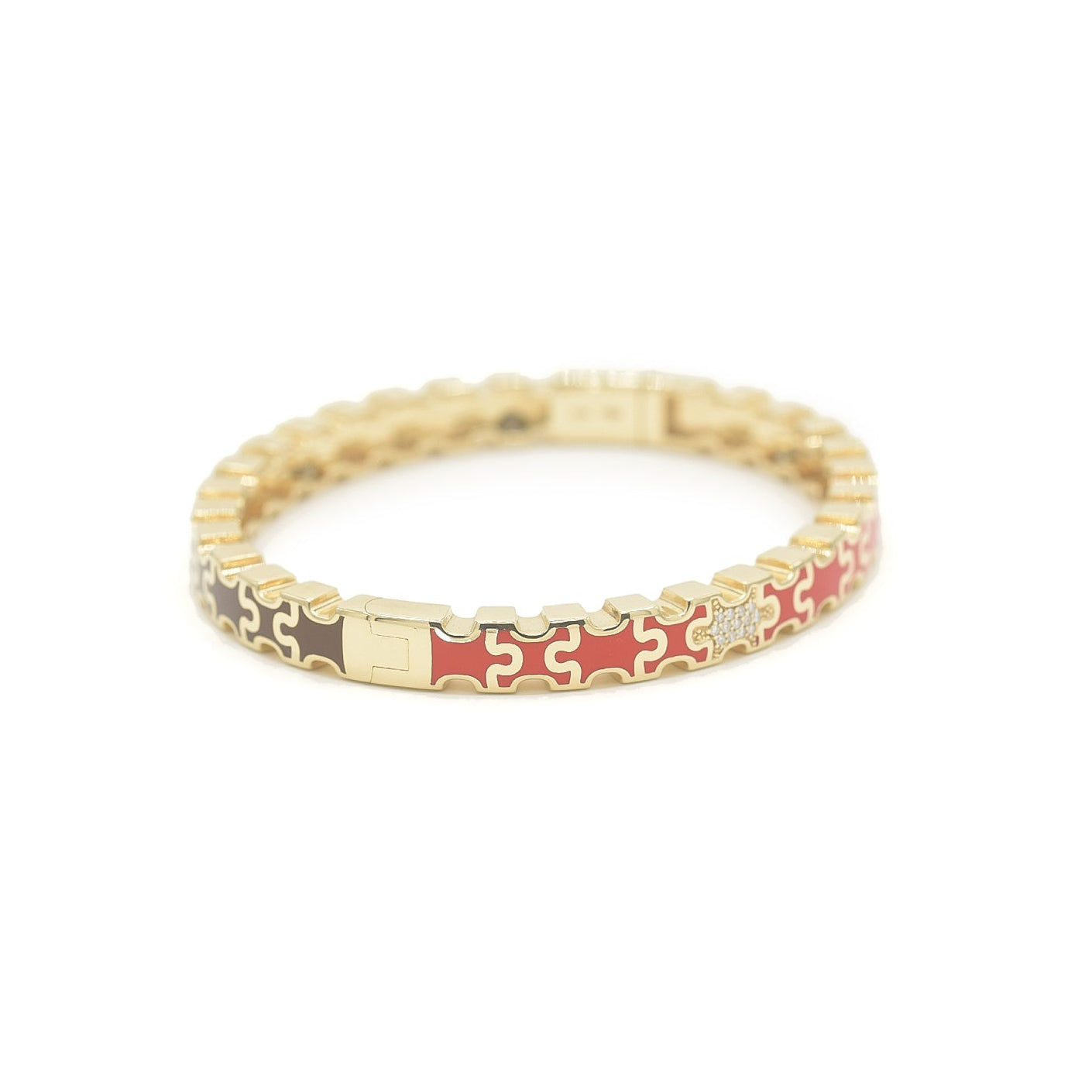 Linked in Love Brown & Red Bracelet Gold bracelet with puzzle red and brown pattern Bondeye Jewelry