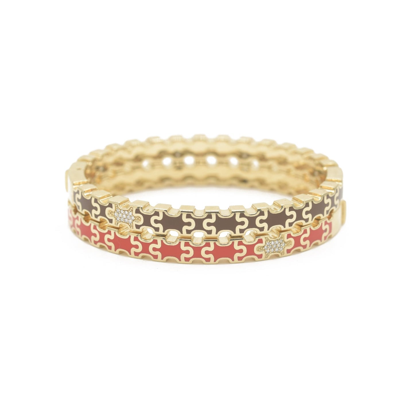 Linked in Love Brown & Red Bracelet Gold bracelet with puzzle red and brown pattern Bondeye Jewelry