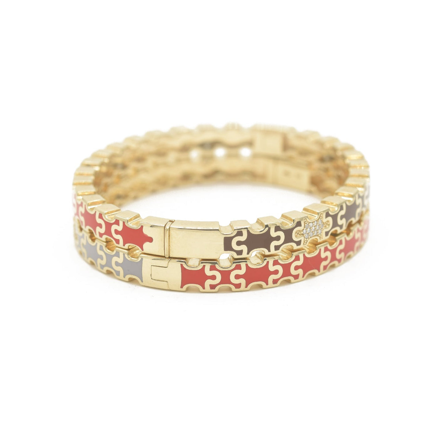 Linked in Love Brown &amp; Red Bracelet Gold bracelet with puzzle red and brown pattern Bondeye Jewelry