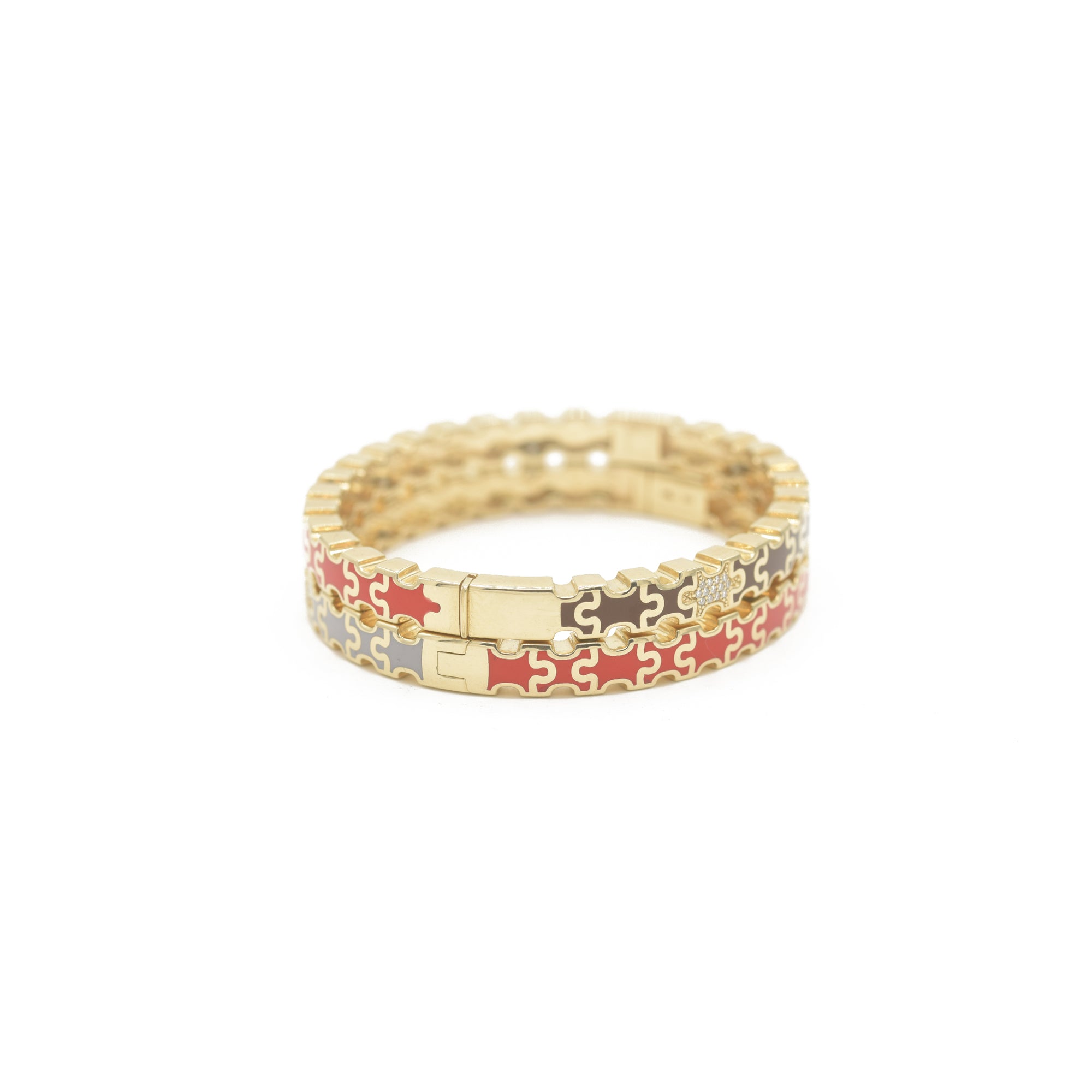 Linked in Love Brown &amp; Red Bracelet Gold bracelet with puzzle red and brown pattern Bondeye Jewelry