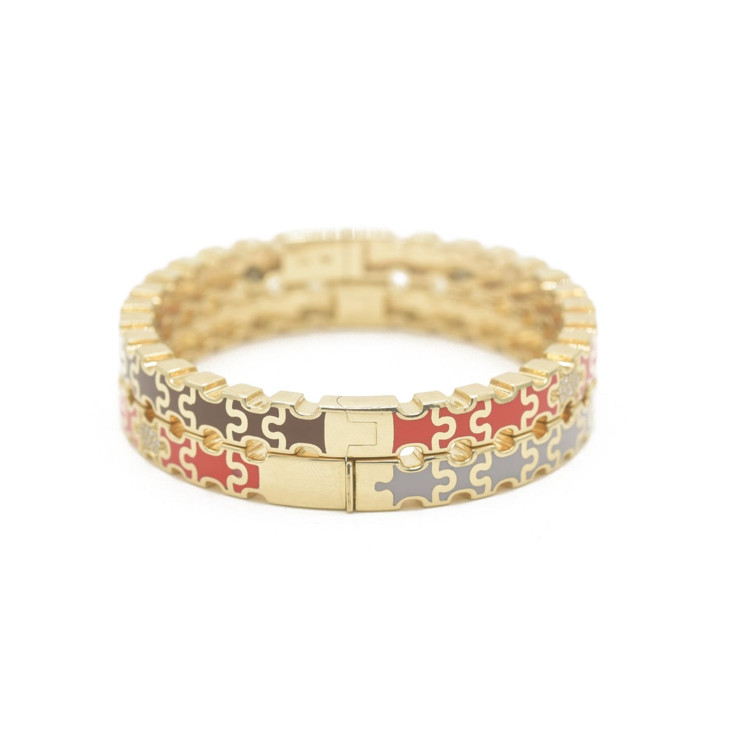 Linked in Love Brown &amp; Red Bracelet Gold bracelet with puzzle red and brown pattern Bondeye Jewelry