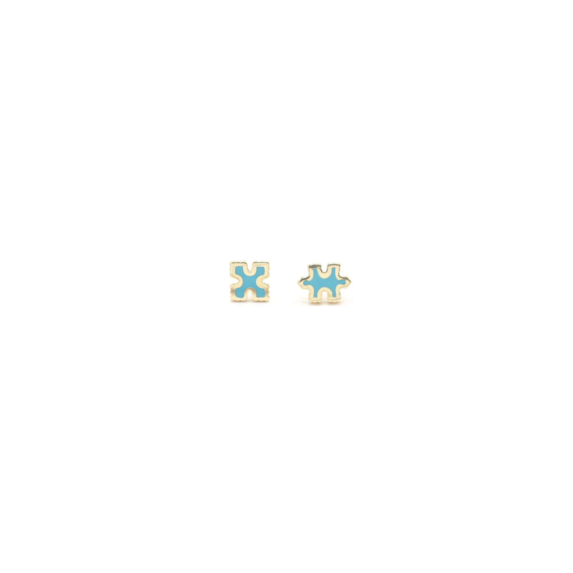 Side by Side Studs Pair of gold and blue 'Puzzle Piece' shaped earrings Bondeye Jewelry
